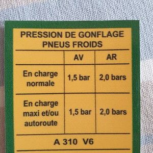 Sticker A310 V6 phase 2 pression des pneus