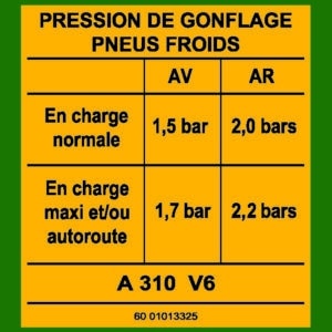 Sticker A310 V6 phase 1 pression des pneus