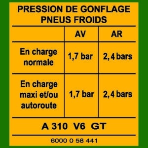 Sticker A310 V6 pack GT pression des pneus