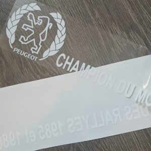 Sticker Peugeot Champion du monde des rallyes 1985 et 1986 vitre arrière