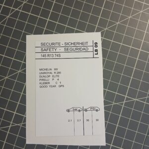 Sticker Peugeot 205 GL GR pression des pneus