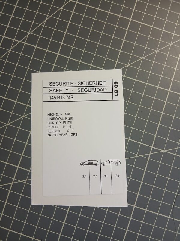 Sticker Peugeot 205 GL GR pression des pneus