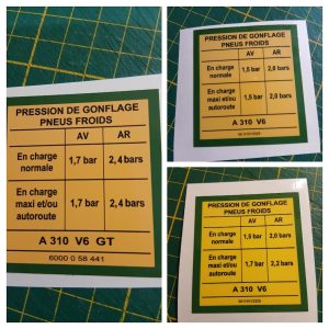 Sticker Pression des pneus Alpine A310 V6